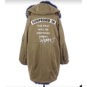 Moussy NoBorder Olive Green Blue Fur Trim Graphic Surprise Heavy Parka  1 S